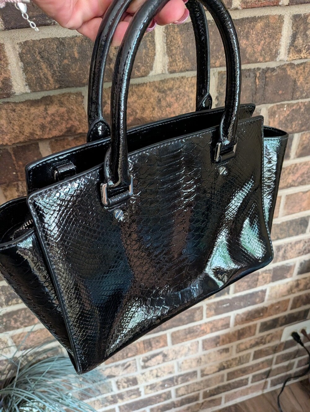 Michael Kors Black Patent Snake-Embossed Leather Tote Purse - Picture 6 of 9